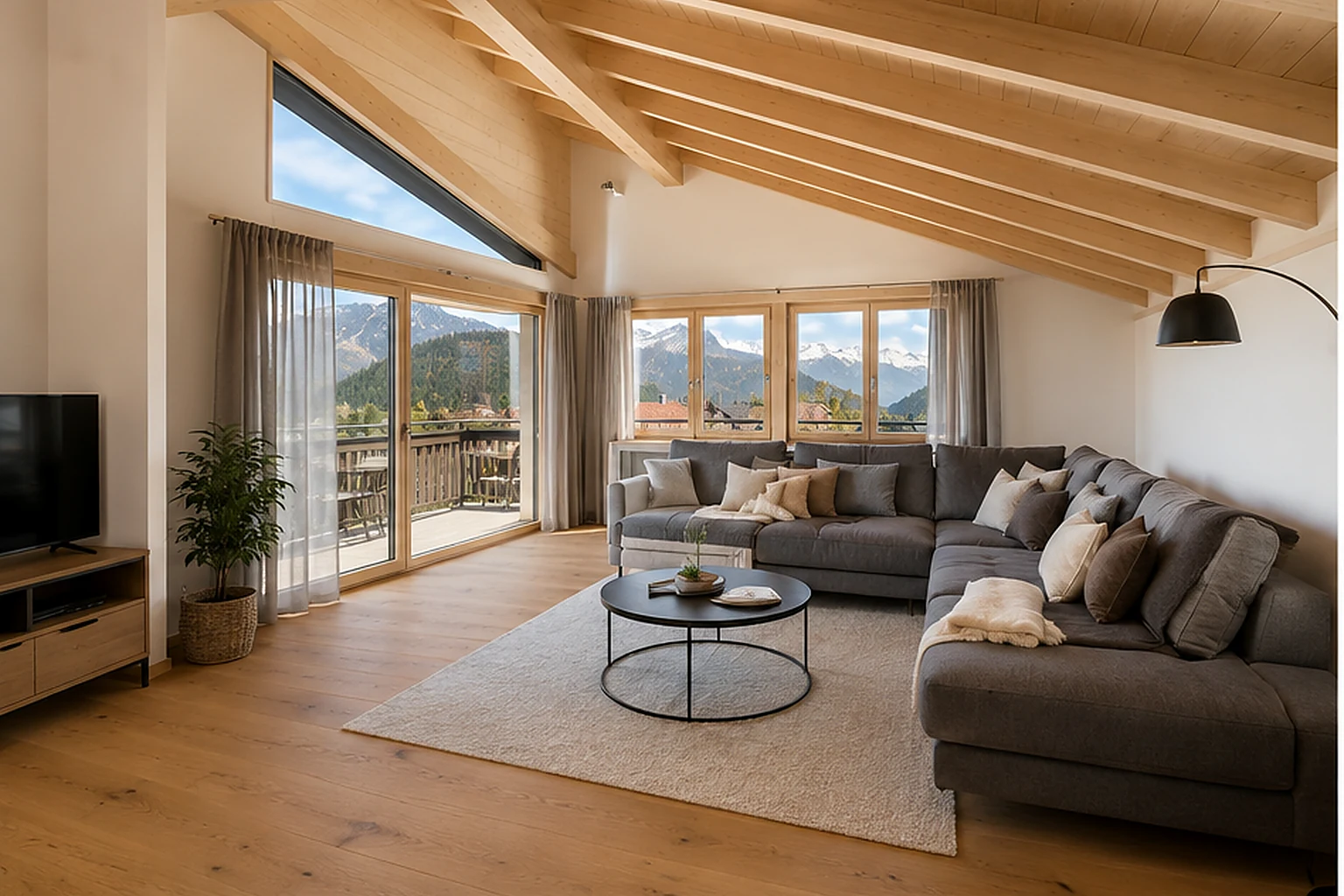 Living and kitchen under the timber rafters — artist's impression